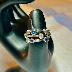 Open Concept, Art Deco Ring with White & Blue Crystals in 9.25 Sterling Silver